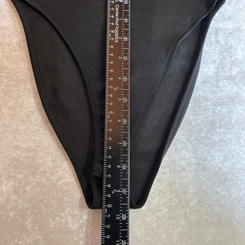 Feelgood Paris Black Mesh Long Sleeve Bodysuit Sheer Panel Notched Neckline M/L - Picture 7 of 11
